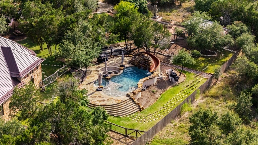 Aerial view of custom home in Texas Hill Country by Ridge Rock Builders